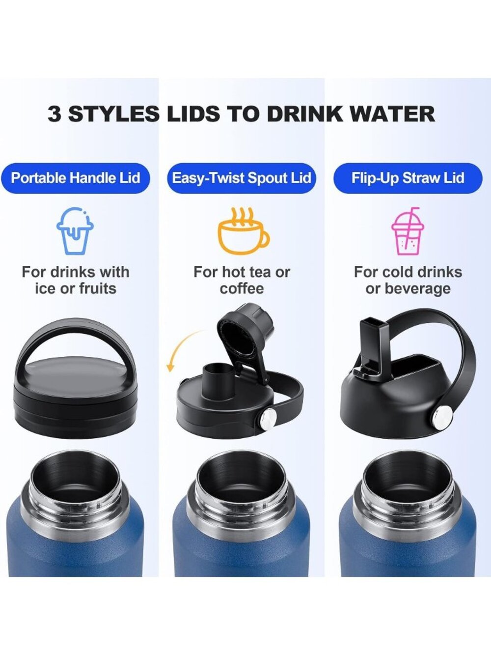 Dark Blue Back 40oz Stainless Steel WaterBottle Insulated Tumbler 3 Lid Cyanotic - Picture 5 of 6